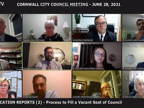 Cornwall city council at its Monday, June 28, 2021, meeting, where it decided it would fill the vacant mayor position during a special meeting on July 8. Handout/Cornwall Standard-Freeholder/Postmedia Network