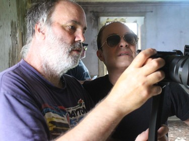 Marc Desforges shows John McIntosh results of one of the takes during the filming of the video. Photo on Saturday, June 26, 2021, in Summerstown, Ont. Todd Hambleton/Cornwall Standard-Freeholder/Postmedia Network