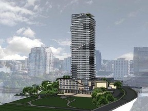 An artist's rendering shows a residential tower, looking east from the Thames River, part of a proposed development from Farhi Holdings Corp. on Ridout Street at Harris Park. City council approved a rezoning for the site on Tuesday that paves the way for the project.