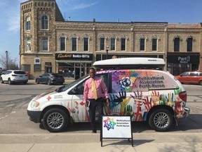 Multicultural Association of Perth-Huron founder Geza Wardofa outside the newly opened satellite office in Goderich. The association, based in Stratford, recently expanded its offices to rural communities. During the lockdown, the association has shifted the Goderich office outdoors, assisting newcomers from a distance and with masks required. (Supplied)