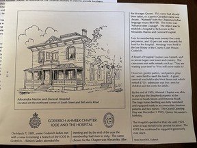 In 1901 a branch of the IODE was formed in Goderich. Thirteen ladies attended the meeting and after four years the Ahmeek Chapter was able to purchase the Shepherd property at the corner of South Streets and Britannia Road. This became the hospital in Goderich and operated at that site until 1924 when it was moved to its current location. Submitted