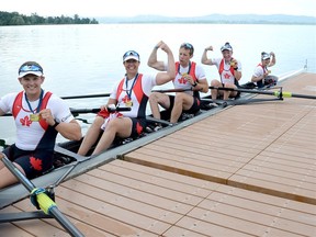 Bayleigh Hooper, second from right, and the rest of her crew with their gold medals in Gavirate Italy after winning the PR 3 coxed four mixed final and qualifying for the Paralympic Games in Tokyo. The crew includes, from left, Kyle Fredrickson, Victoria Nolan, Andrew Todd, Hooper, and Laura Court.
