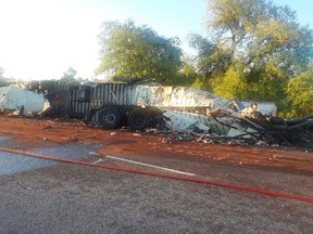 The destruction caused by a crash between two transport trucks on Highway 401 in Kingston early Wednesday morning.