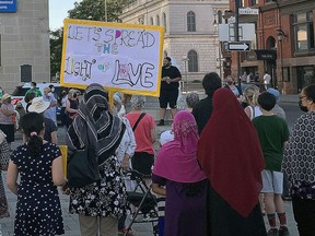 Approximately 100 people gathered in Springer Market Square in the evening on Wednesday June 9, 2020, to honour the four victims in the Muslim family from London, Ontario who were allegedly killed by a driver motivated by hate.   i