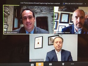 Kingston and the Islands MP Mark Gerretsen, top left, Kingston Mayor Bryan Paterson and Stephen Crawford, bottom, parliamentary assistant to Ontario Minister of Infrastructure Laurie Scott, during a virtual news conference on Tuesday.