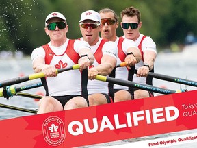 Canada's men's four, from front, Will Crothers of Kingston, Queen's University graduate Gavin Stone, Luke Gadsdon and Jakub Buczek compete in the world rowing final qualification regatta in Lucerne, Switzerland, over the weekend.
