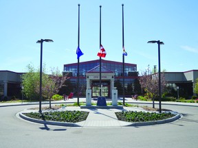 The City of Leduc has lowered flags at the Civic Centre for the next 215 hours. (Lisa Berg)