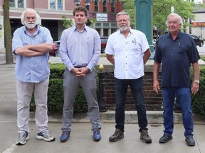 Rob Myers, left, Pete Tsirimbis, Ron Nydam and Don Tetrault are introduced as part of the ownership group of the Downtown Chatham Centre in Chatham, Ont., on Friday, June 25, 2021. Mark Malone/Chatham Daily News/Postmedia Network