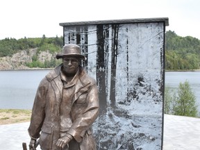 Photo by KEVIN McSHEFFREY/THE STANDARD
The Prospector’s Monument was unveiled in the Miner’s Memorial Park on Highway 108 on May 21 after spending the winter under a protective cover and a blanket of snow.