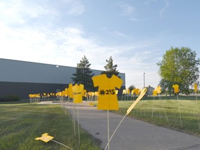 A display was placed at the Kerry Vickar Centre in Melfort, honouring the memories of 215 children buried at the Kamloops Indian Residential School. Photo Susan McNeil.