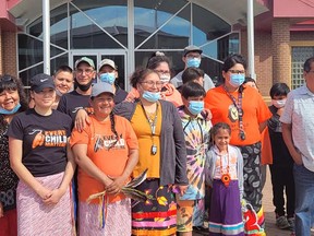 Patricia Ballantyne, is walking from Prince Albert to Ottawa for her own healing from attending residential school and with a message for the federal government regarding care of Indigenous children. She is pictured in front of Melfort City Hall on June 8. Photo courtesy Courtney McLeod.