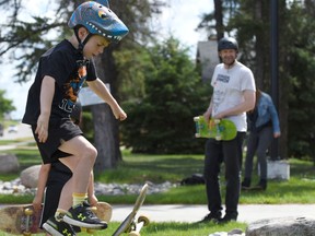 With young skaters, some different tricks were employed, like practicing by jumping off of boulders onto the skateboard. Photo Susan McNeil.