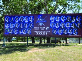 The 2021 J.T. Foster graduation banner is up along the southbound lanes of Highway 2, near the ball diamonds. J.T. Foster's graduation ceremony takes place this Friday, starting at 2 p.m. The capacity for the ceremony, which takes place under a tent outside the school, is limited to 150 people due to the current gathering restrictions in the province. Anyone wanting to watch the ceremony can do so online via a livestream on J.T. Foster's Facebook page. STEPHEN TIPPER