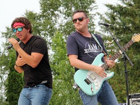 River Town Saints lead singer Chase Kasne and guitarist Jeremy Bortot performed one of their hits at the Skylight Drive-In in Laurentian Valley during the July 2020 fundraising concert for the Robbie Dean Centre. The Arnprior band will be playing a free concert at Riverside Park in Pembroke Aug. 7.