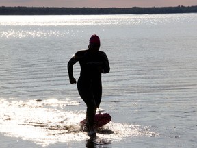 Silhouetted by the reflection of the rising sun, Marianne Carlyle, manager of the Ontario SPCA Leeds and Grenville Animal Centre, leaves the waters of the Ottawa River by Riverside Beach in Pembroke Thursay morning having completed the 1.5-kilometre swim portion of her solo triathlon in support of the Sweat For Pets fundraiser. Anthony Dixon