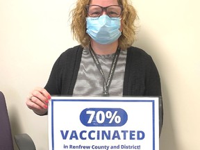 Erin Vereyken, manager of the Renfrew County and District COVID-19 vaccination program, celebrates the 70 per cent vaccinated milestone.