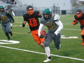 Former St Joe's Celtics running back Jayden Sak in Mighty Peace Football League action against the Grande Prairie Composite Warriors at CKC Field in 2019. On June 1, Sak signed on with the Edmonton Wildcats of the Canadian Junior Football League.