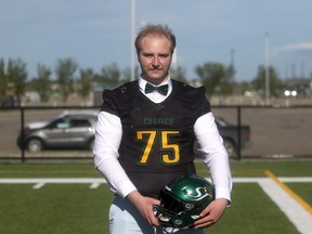 St Joe’s Celtics offensive tackle Sam King (pictured here at CKC Field on June 1) signed on the dotted line with the Edmonton Wildcats of the Canadian Junior Football League.