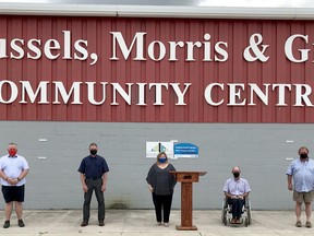 It was announced June 7 that the Brussels, Morris and Grey Community Centre is receiving more than $4.7 million in funding for an upgrade and expansion. From left are Huron East Coun. John Lowe, Huron East Mayor Bernie MacLellan, Huron-Bruce MPP Lisa Thompson, and co-chairs of the renovation and revitalization project Doug McArter and John VanVliet. Handout