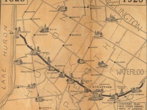 This map was printed in Perth County newspapers to encourage drivers to take a tour through the region to visit a series of memorial cairns as part of a 1928 celebration of the centennial of the Huron Road.
Stratford-Perth Archives