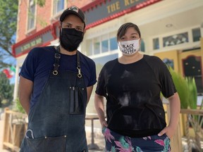 Ulises Sanchez, left, who owns the Relic Lobby Bar, and Alondra Galvez, who owns the El Cactus Taco Shop, are part of a transformation of the old Family and Company building in downtown Stratford.