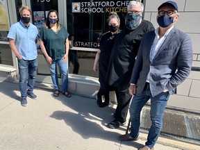 Several Stratford Chefs School grads now own or manage restaurants in the city and are trying to guide their establishments back to normal after months of pandemic restrictions. Pictured from left: Ryan O’Donnell (York Street Kitchen, The Prune, Mercer Hall), Alondra Galvez (El Cactus Taco Shop), Randi Rudner (chefs school head instructor, and co-chef at The Prune with husband Mike Booth, fourth from left), and Jeffrey Leney (chefs school director of marketing and admissions development).