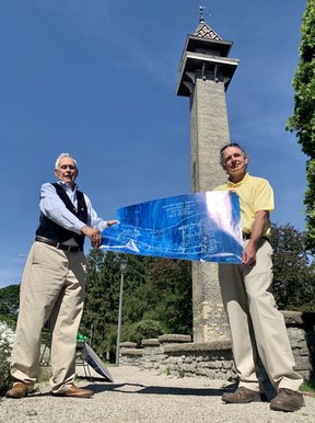 In this file photo, Reg White (left) and Kevin Petrie, members of the Friends of Stratford's Shakespearean Gardens, hold a sketch of the proposed restored layout of the historic Huron Street green space.