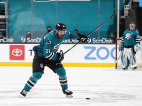 San Jose Barracuda defenceman Jacob Middleton, from Stratford, winds up against the Bakersfield Condors at SAP Center on March 16, 2021 in San Jose.