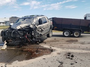 A 25-year-old Arkona resident has been charged with careless driving after a multi-car crash sent one person to hospital and closed a busy road east of Sarnia, Lambton OPP say. (Lambton OPP)