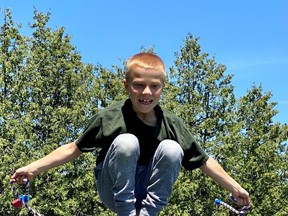 Carter Jenniskens, 8, a pupil at Sacred Heart Catholic School in Port Lambton, gets some extra bounce on a trampoline while taking part in this year's Jump Rope for Heart.