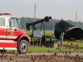 About 150 barrels of oil spilled when a tank exploded Monday evening at a well site located south of Bridgen, at the corner of Brigden Road and Oil Springs Line. The St. Clair Township fire department was still at the scene Tuesday morning.