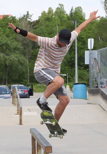 Cody Aubertin works on his skateboarding skills at the Minnow Lake Skate Park on Tuesday. John Lappa/Sudbury Star