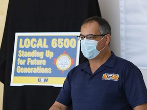 Steelworkers Local 6500 president Nick Larochelle makes a point at a press conference in Sudbury, Ont. on Tuesday June 15, 2021. John Lappa/Sudbury Star/Postmedia Network