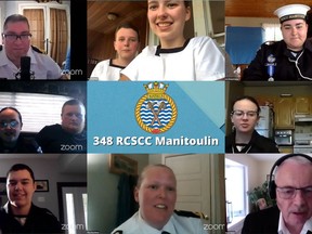 Lt (N) Sylvain Boucher, commanding officer of the Manitoulin Sea Cadets, is pictured with (top, left to right) LC Samuel Pennings, PO2 Lydia Pennings and CPO2 Dayna Beauchamp; (middle) CPO1 Abigail Harper, Nick Harper, CPO2 Lauren MacKay and Miranda MacKay; and (bottom) CPO2 Quentis Wood, A/Slt Tina Davidson and Lt (N) ret. Denis Blake.
