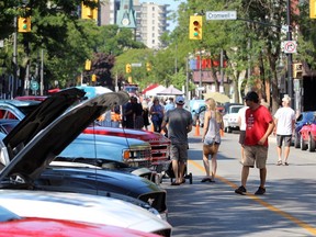 The Sarnia Street Cruisers line Christina Street during a Weekend Walkabout event in 2020. Sarnia city council has agreed to allow the Sarnia-Lambton Chamber of Commerce close the street to vehicles for the weekend promotion – intersecting and adjacent side streets will remain open – on Fridays, Saturdays and Sundays from July 9 to Sept. 5. Terry Bridge/Postmedia Network