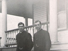 Father Theriault, left, was sent to the Timmins in 1912 and remained here until his death in 1956. He is seen standing on the steps of the manse at St. Anthony's with Father Beauregard in this undated photo.

Supplied/Timmins Museum