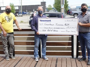 Newmont Porcupine is providing $29,945 in order for downtown restaurants and eateries to set up outdoor pop-up patios. Chad Dubbanow, Downtown Timmins Business Improvement Association board member, from left, BIA president Jamie Roach and Newmont Porcupine's sustainability and external relations manager Bryan Neeley gathered Tuesday to announce the funding

RICHA BHOSALE/The Daily Press