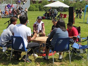 The North Spirit Drummers from Brunswick House are seen here performing during the National Aboriginal Day festivities at the Participark in Timmins on Wednesday June 21, 2017.

Ron Grech/The Daily Press