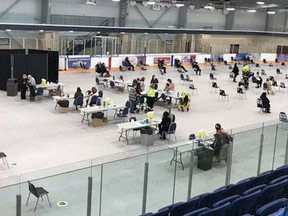 The Haldimand-Norfolk Health Unit reported that up to 1,000 people were vaccinated against COVID-19 at a mass immunization clinic at the Cayuga Arena on Saturday. (Twitter photo)