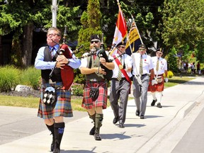 Members of a Port Dover Legion colour guard marked Canada Day in 2020 with a bagpipe procession down Main Street in Port Dover. Wishing their country well on the occasion of the 153rd anniversary of Confederation are, from left, Ian McFadden, Murray McKnight, Ken McKay, Chris Tietz and Jim Pilkington, all of Port Dover. File photo/Postmedia Network