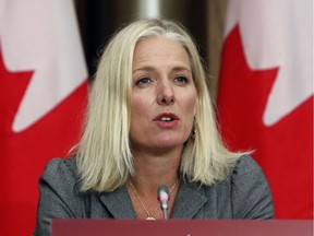 Catherine McKenna, Canada's infrastructure and communities minister, speaks during a news conference in Ottawa in October 2020.