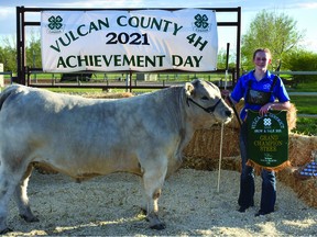 Anna Lundgren of the Champion 4-H Multi-Club was the 2021 grand champion for the Vulcan 4-H District. Her 1,588-pound Charolais cross steer sold for $3 a pound and was bought by Midstream Equipment, from Wheatland County.