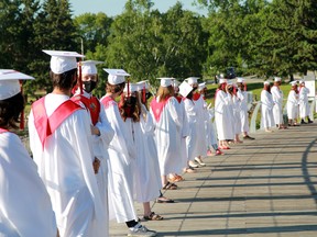 St. Thomas Aquinas graduates line up outside the Whitecap Pavilion donning masks ahead of their ceremony on Tuesday, June 22.