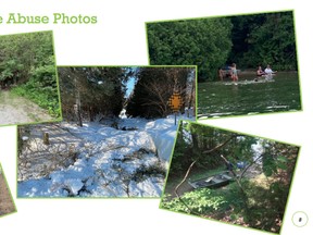 A group of photos included in a delegation made by a Lake Eugenia cottager highlight some of the issues faced by neighbours of the former public access point at Sideroad 30. Screenshot from Grey Highlands council package.
