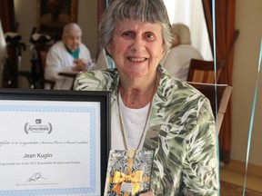Seasons Owen Sound resident Jean Kuglin was recently recognized by the Seasons Retirement Community as a Remarkable Resident. In it's ninth year, the Seasons Remarkable Residents program honours the lives of its residents and ensures their stories are heard. Kuglin has handmade more than 75 quilts, one of which has been featured in More of Our Canada magazine. Photo supplied.
