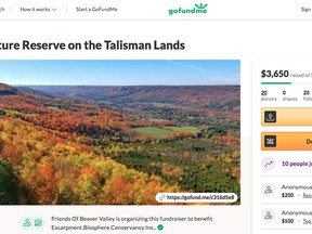 A screenshot of the Friends of the Beaver Valley's GoFundMe page set up to raise $15,000 for the group and the Escarpment Biosphere Conservancy. The group's page had collected $3,650 from 20 donors as of midday Monday.