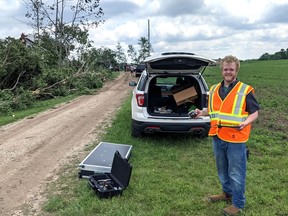 Researcher Dr. Connell Miller from the Northern Tornadoes Project used a drone to map the area near the Zehr-family farm east of Chatsworth Sunday. Miller said the thousands of photos the drone took from above could be used to chart the path of any potential tornado. Greg Cowan/The Sun Times