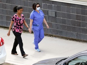 Nurses walk outside Health Sciences Centre on William Avenue in Winnipeg on Tuesday, June 2, 2020.
