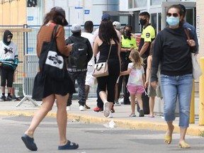 Traffic at an entrance to Polo Park shopping centre in Winnipeg on Sunday, June 20, 2021.