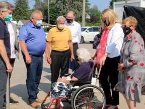 Elaine Lebold, president of the residents association at the Water's Edge, talks with Ontario Minister of Long-term Care Rod Phillips, left, Ontario Premier Doug Ford and Nipissing MPP Vic Fedeli, Monday, at the announcement of the redevelopment of the facility. The $55-million facility will be built on the site of the former St. Joseph's general hospital and is to be completed by the spring of 2023.
PJ Wilson/The Nugget